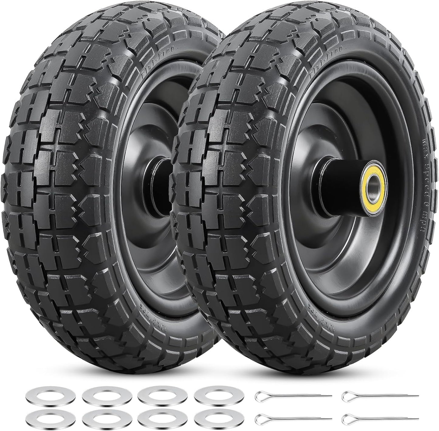2 Pcs 10” Solid Tires, 10" x 3" Flat Free Tire and Wheel with 5/8” Axle Bore Hole and Double Sealed Bearings,2.1" Offset Hub Compatible with 10x3 Hand Truck, Wheelbarrow, Lawn Mower Tires
