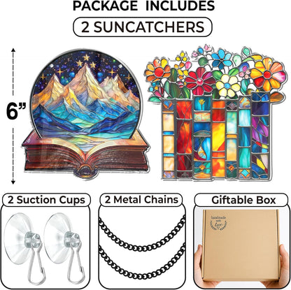 2 Book Floral Shelf Suncatchers Window Hanging Acrylic Ornaments Back to School Teacher Appreciation Gifts, Book Lover Gifts for Women Librarians Readers Bookshelf Decor for Home Library SS345