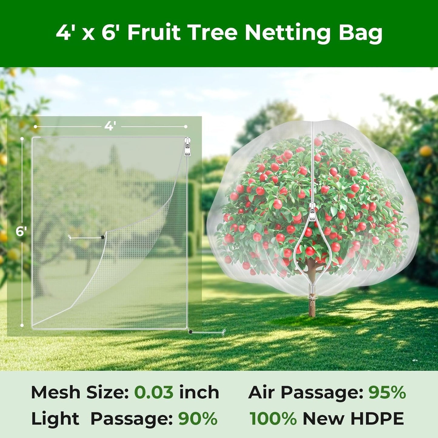 Fruit Tree Netting with Zipper & Drawstring - 4'x6' Garden Plant Net Pest Barrier 0.16 oz/ft to Prevent Cicadas Bird Squirrel Deer - Bug Protection for Blueberry Tomato with Fine Mesh Insect Cover