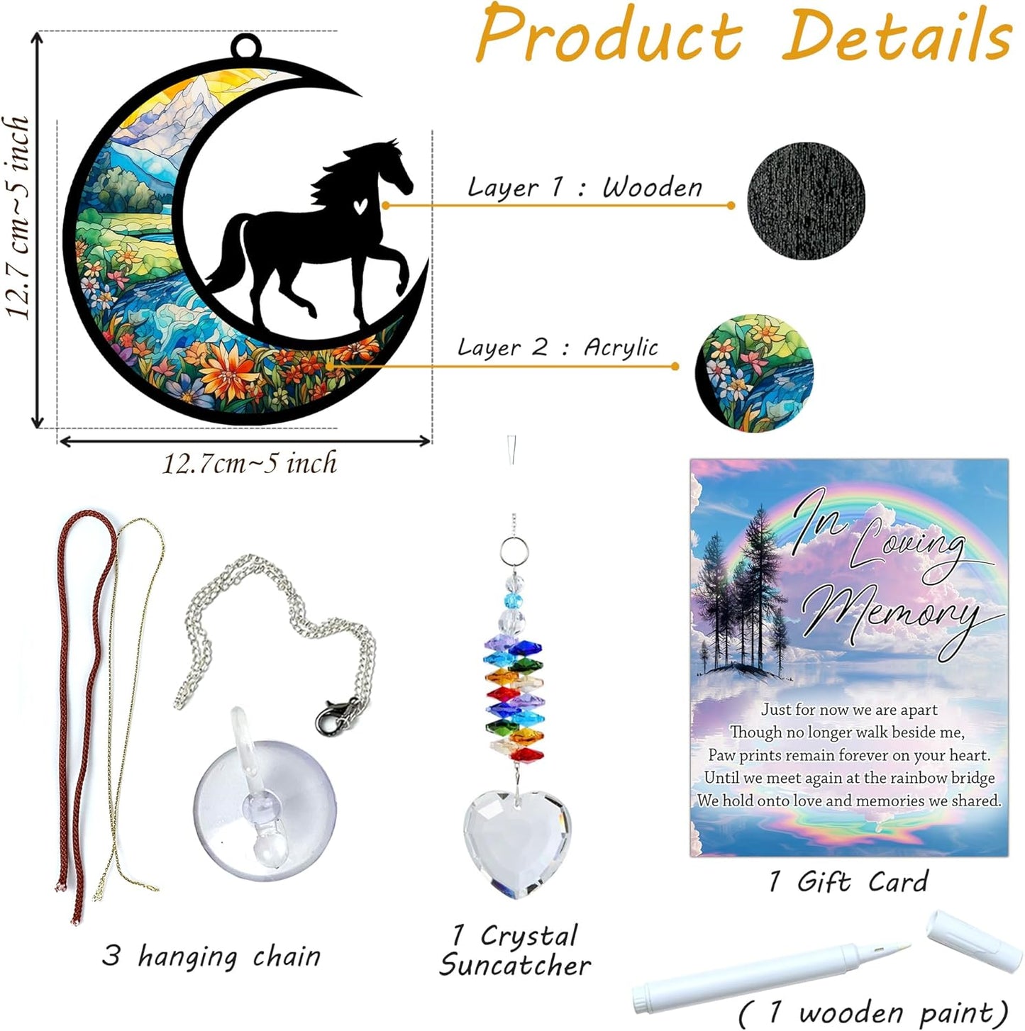 Horse Suncatcher, Personalized Pet Loss Gift with Name & Date, Heart-Shaped Crystal Sun Catcher, Horse Remembrance Sympathy Rainbow Maker for Window & Garden