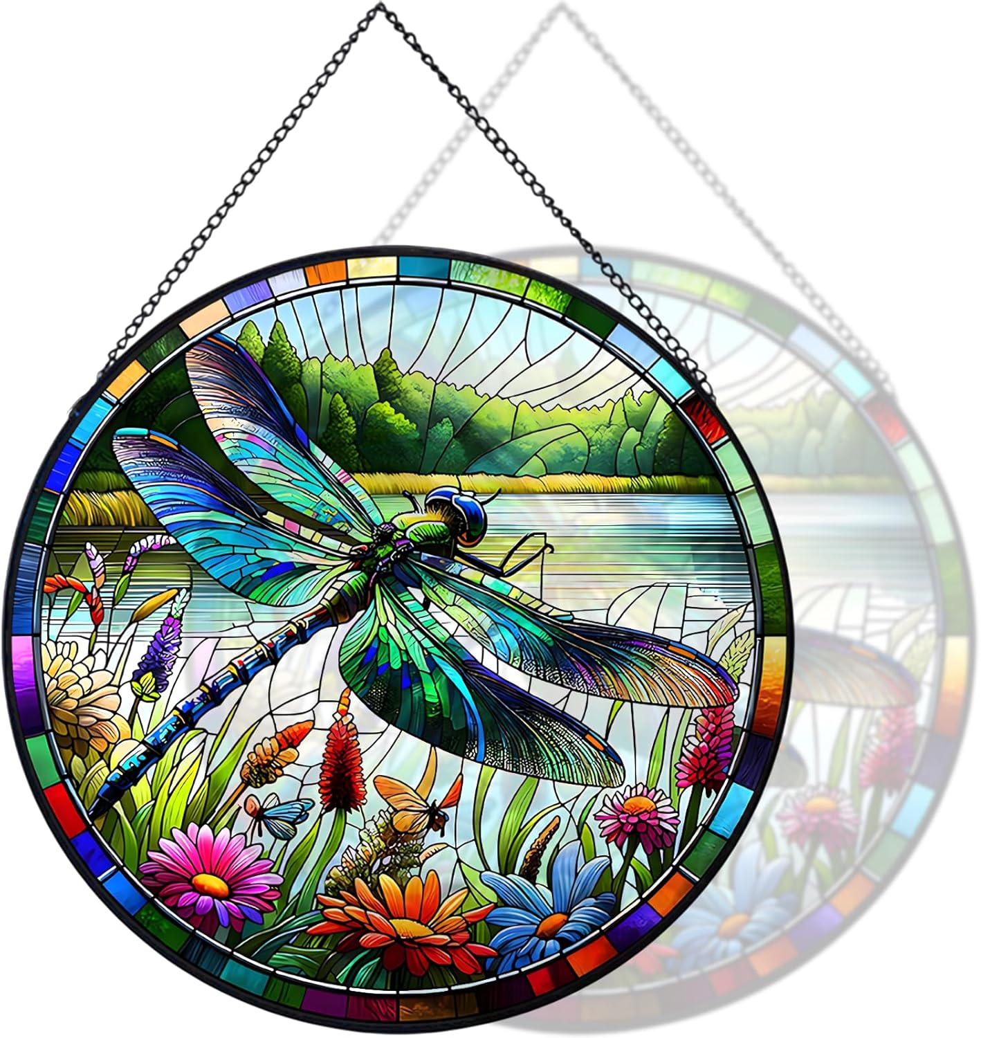 RIVEENY Stained Glass Window Hanging, Stain Glass Dragonfly Gifts Sun Catcher for Windows, 7.8 inch Suncatchers Birds Window Hangings Gifts for Home Garden Christmas Party Wedding (River)