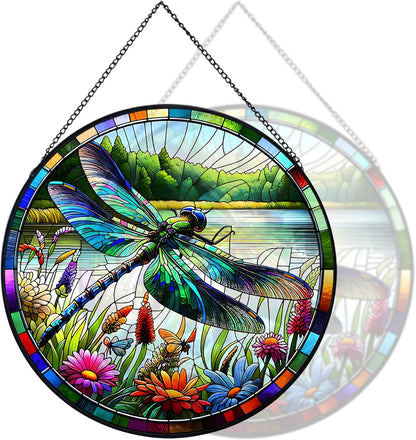 RIVEENY Stained Glass Window Hanging, Stain Glass Dragonfly Gifts Sun Catcher for Windows, 7.8 inch Suncatchers Birds Window Hangings Gifts for Home Garden Christmas Party Wedding (River)