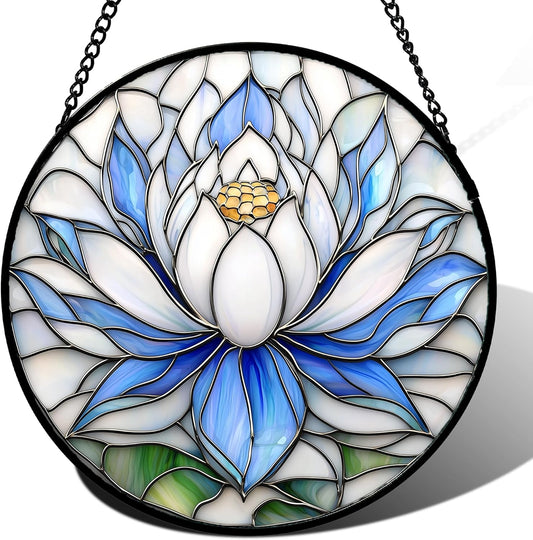 Stained Glass Window Hanging - Blue and White Lotus Petal Suncatcher for Doors Window Home Sun