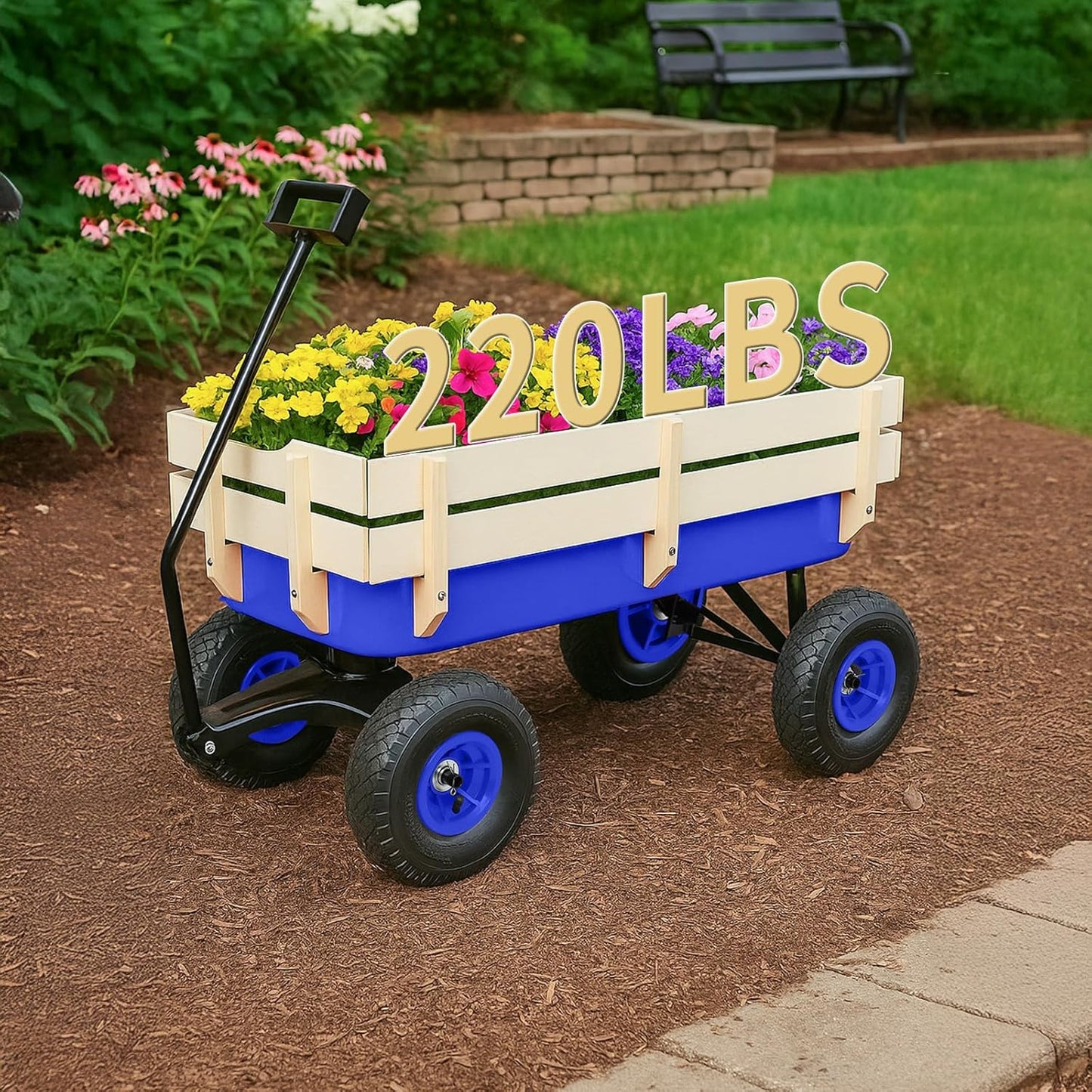 Outvita All-Terrain Cargo Wagon with 10'' Air Tires, Steel Structure Wagon with Removable Wooden Side Panels for Kids, Garden and Cargo, Up to 220lbs Capacity, 38'' L x 19'' W x 31'' H (Blue)