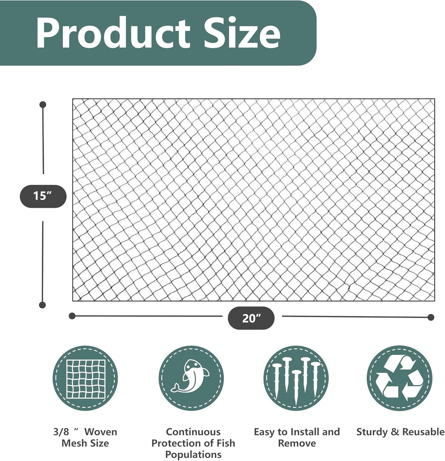 Pond Netting, Pond Netting for Koi Ponds, 15 x 20 FT Fish Pond Netting Cover, Garden Pool Netting Kit for Leaves, Protects Koi from Herons, Cats & Predators, 12 Stakes & 50 Cable Zip Ties, 3/8 Mesh