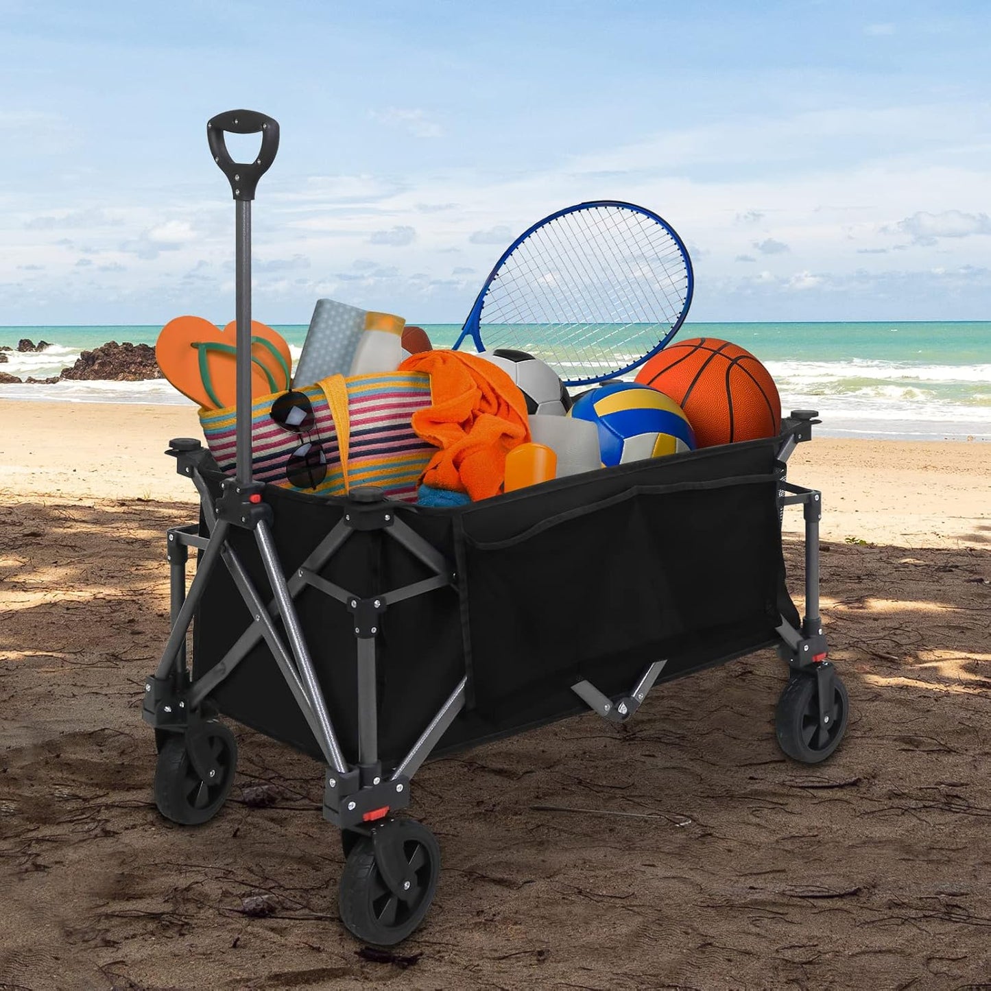 EAGLE PEAK Heavy-Duty Collapsible Folding Utility Wagon, All Terrain Garden Hand Cart with Large Size Pocket and Cup Holders for Sports, Beach, Camping, Garden, and Grocery, Black
