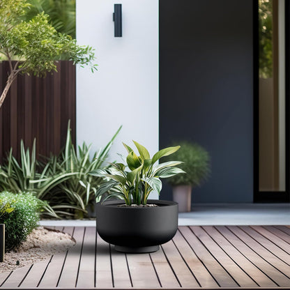 Kante 13.8 Inch Dia Concrete Bowl Planter, Large Tapered Bottom Plant Pot with Drainage, Smooth Black Finish with Warm Brown Interior, Ideal for Porch, Home, Garden, Patio