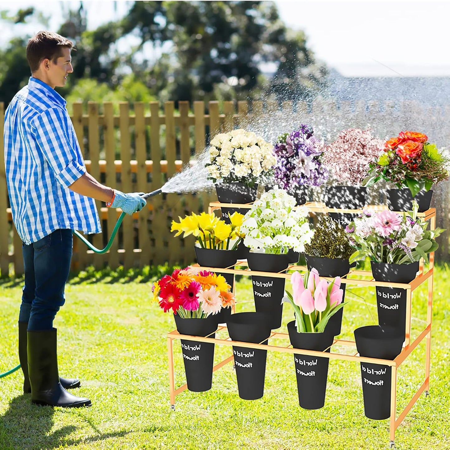 Flower Display Stand With 12PCS Buckets, 3 Layers Metal Plant Stand with Wheels, Heavy Duty Moving Plant Cart Shelf, for Indoor, Outdoor Patio Garden, Living Room, Florist (Black - Round Bucket)