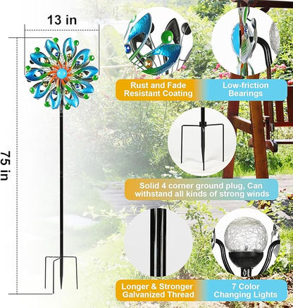 Wind Spinners for Yard and Garden - Wind Sculptures & Spinners, 75 Inch, Navy Blue, Kinetic Art with Solar Powered Multi-Color Glass Ball Light