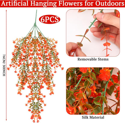 6 Pcs Artificial Fall Hanging Flowers Outdoor Silk Mum Plants Autumn Decor Faux Violet with Eucalyptus Realistic UV Resistant Trailing Vine Thanksgiving Porch Yard(Fresh Color,Plastic Style)