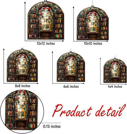 Floral Library Books Bookish Acrylic Suncatcher Stained Glass Effect Window Car Hanging Christmas Ornament Indoor Outdoor Decor Garden Sun Catcher Panel Book Lover for Women Mom Grandma