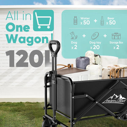 Collapsible Wagon Cart with 5" Removable 360° Swivel Wheels & Adjustable Handle, 220lbs Load Capacity, Dual Detachable Oxford Covers (White+Black)， MDF Base, All-Terrain Portable Utility Cart