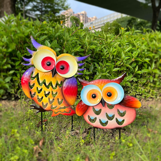 Pack of 2 Metal Fresh Color Owl Garden Statues Silhouette Couple Stakes Decorative Outdoor Animal