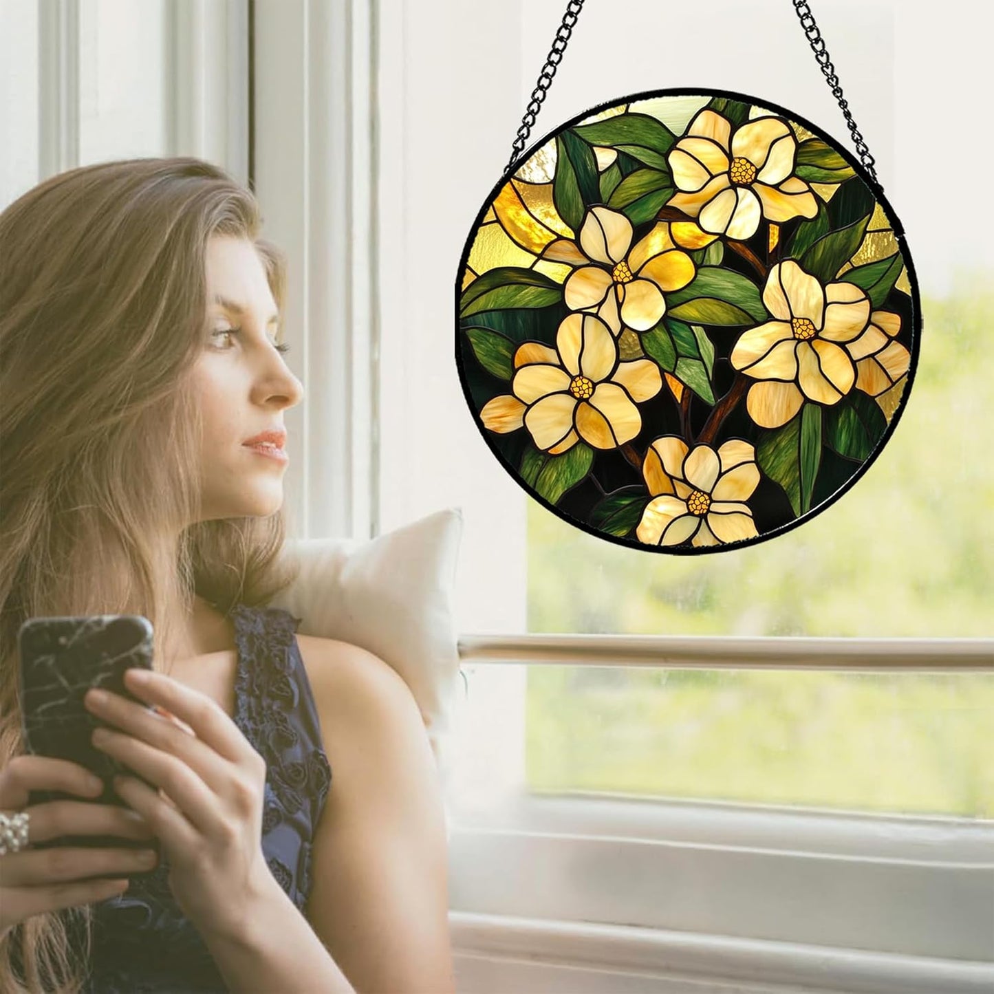 Stained Glass Window Hanging - Yellow Flower Green Leaf Suncatcher for Doors Garden Patio Fall Decor Sun Catchers Christmas Mother's Day Birthday Gifts for Women Men Mom Nana Friend 9.8 in