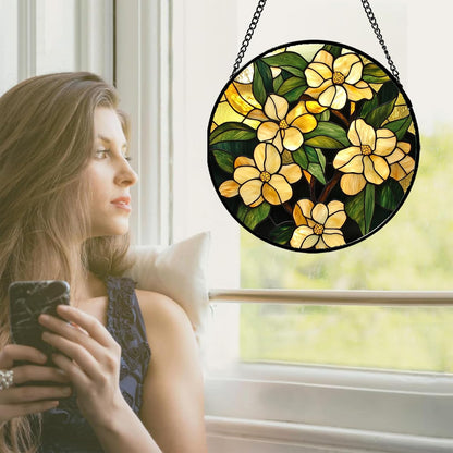 Stained Glass Window Hanging - Yellow Flower Green Leaf Suncatcher for Doors Garden Patio Fall Decor Sun Catchers Christmas Mother's Day Birthday Gifts for Women Men Mom Nana Friend 9.8 in