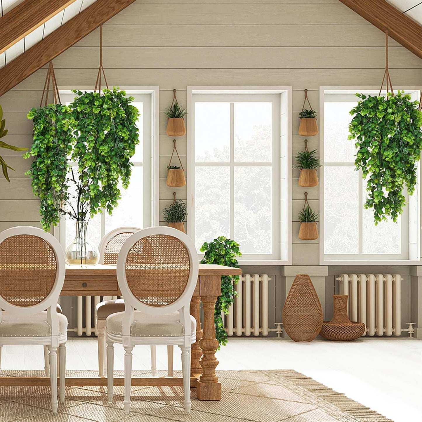 RECUTMS 4 Pack Artificial Hanging Plants Faux Eucalyptus Leaf Greenery Fake Plant for Wall House Room Patio Indoor Outdoor Home Shelf Office Decor (Green)