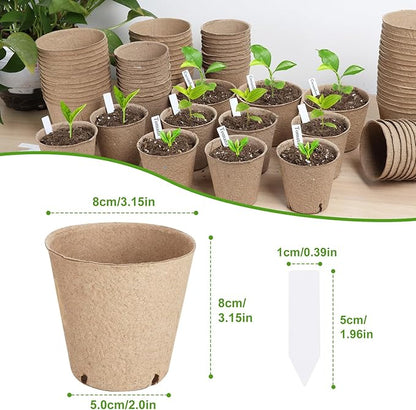 130 Pcs Organic Peat Pots, 3.15 Inch Nursery Pot, Round Plant Seedling Pots with Drainage Holes, Small Seed Starting Starter Tray Bulk, Garden Germination Container with 130 Planting Labels
