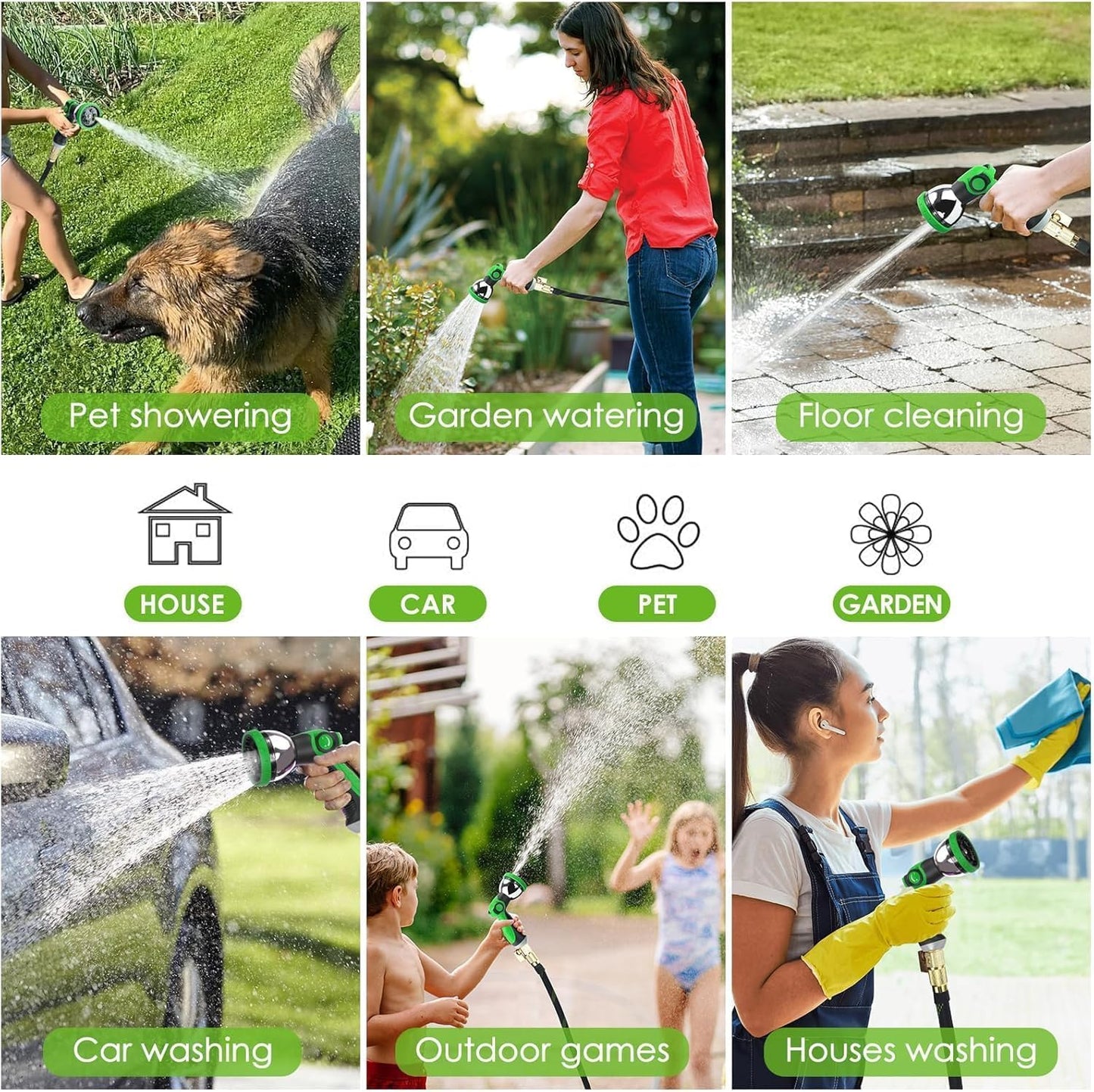 Non-Expandable Garden Hose 150 ft, Ultra Lightweight & Flexible Water Hose With 10-Pattern Spray Nozzle, Full Length Leak-Proof Design, High-Density Fabric & Shut-Off Valve, Hose Straps