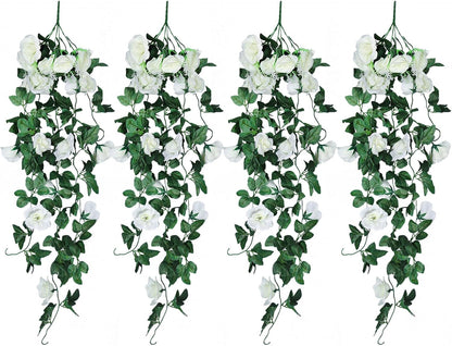 Artificial Hanging Rose Plant 4Pieces 3.3Ft Faux Ivy Plants Fake Outdoor Flowers Vines,UV Resistant for Wedding, Home, Office, Arch,Arrangement Decoration (White)