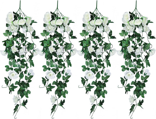 Artificial Hanging Rose Plant 4Pieces 3.3Ft Faux Ivy Plants Fake Outdoor Flowers Vines,UV Resistant