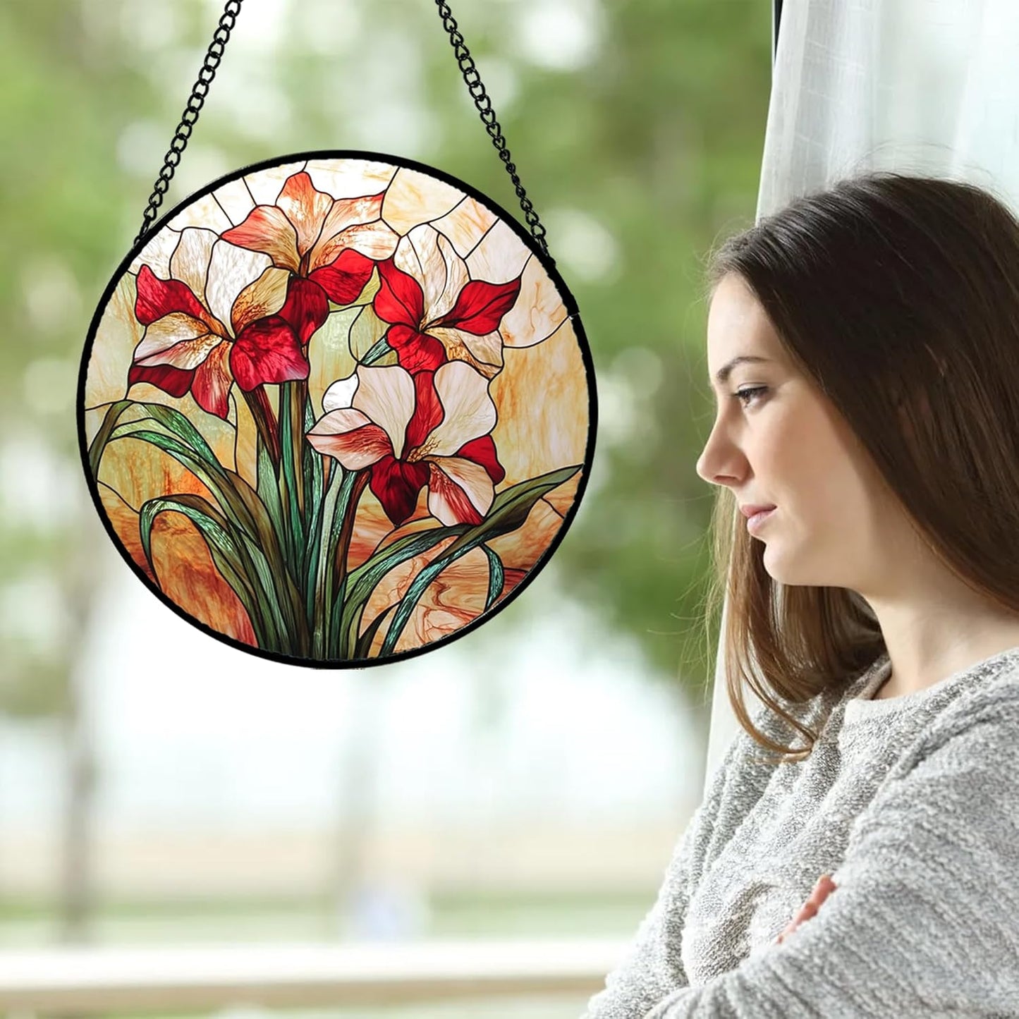 Stained Glass Window Hanging - Red Gladiolus Flower Suncatcher for Door Yard Sun Catchers Decor Christmas Mother's Day Birthday Gifts for Lovers Women Mom Nana Girlfriend Wife 15 in
