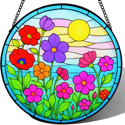 Stained Glass Window Hanging - Wildflowers Stain Glass for Indoor, Colorful Floral Suncatcher