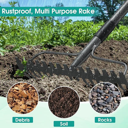 Garden Rake:63 Inch Metal Garden Leaf Rake with 17 Tines, Heavy Duty Bow Rakes for Lawn Yard Leaves Debris Mulch Gravel Thatch Clean,Lawn Care Gardening Landscaping
