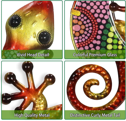 HONGLAND Metal Gecko Wall Art 2 Pack 15 Inch Lizard Outdoor Decor Hanging Glass Sculpture Decoration for Garden Fence Home