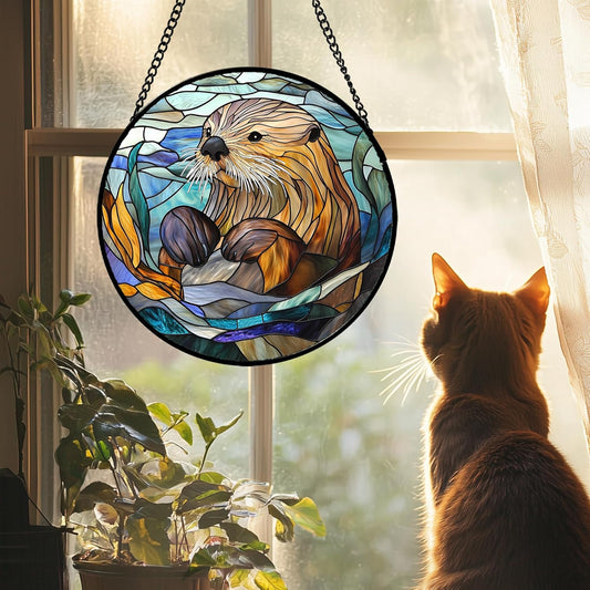 Stained Glass Suncatcher, Blue Ocean Cute Sea Otter Sun Catcher Stain Glass Window Hanging
