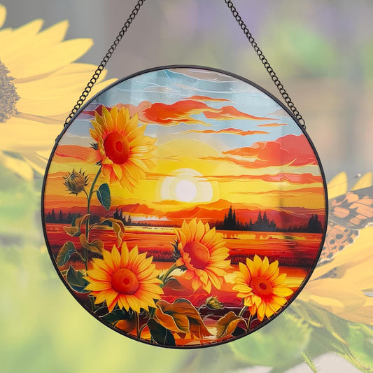 Sunflower Suncatcher Hanging Stained Glass Window Decor, Sunset Sun Catcher Wall Decor for Flower