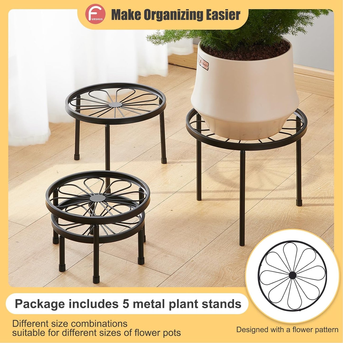 Plant Stand,5 Pack Heavy Duty Flower Pot Stands,Metal Decoration Racks,Round Plant Shelf for Planter Outdoor and indoor (Black)