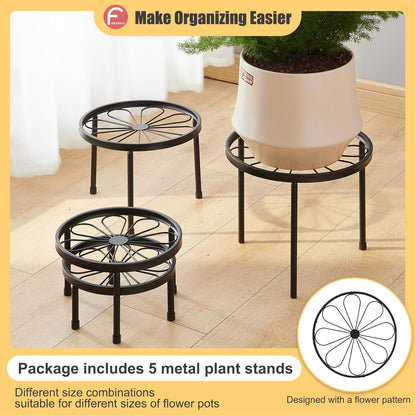 Plant Stand,5 Pack Heavy Duty Flower Pot Stands,Metal Decoration Racks,Round Plant Shelf for Planter Outdoor and indoor (Black)