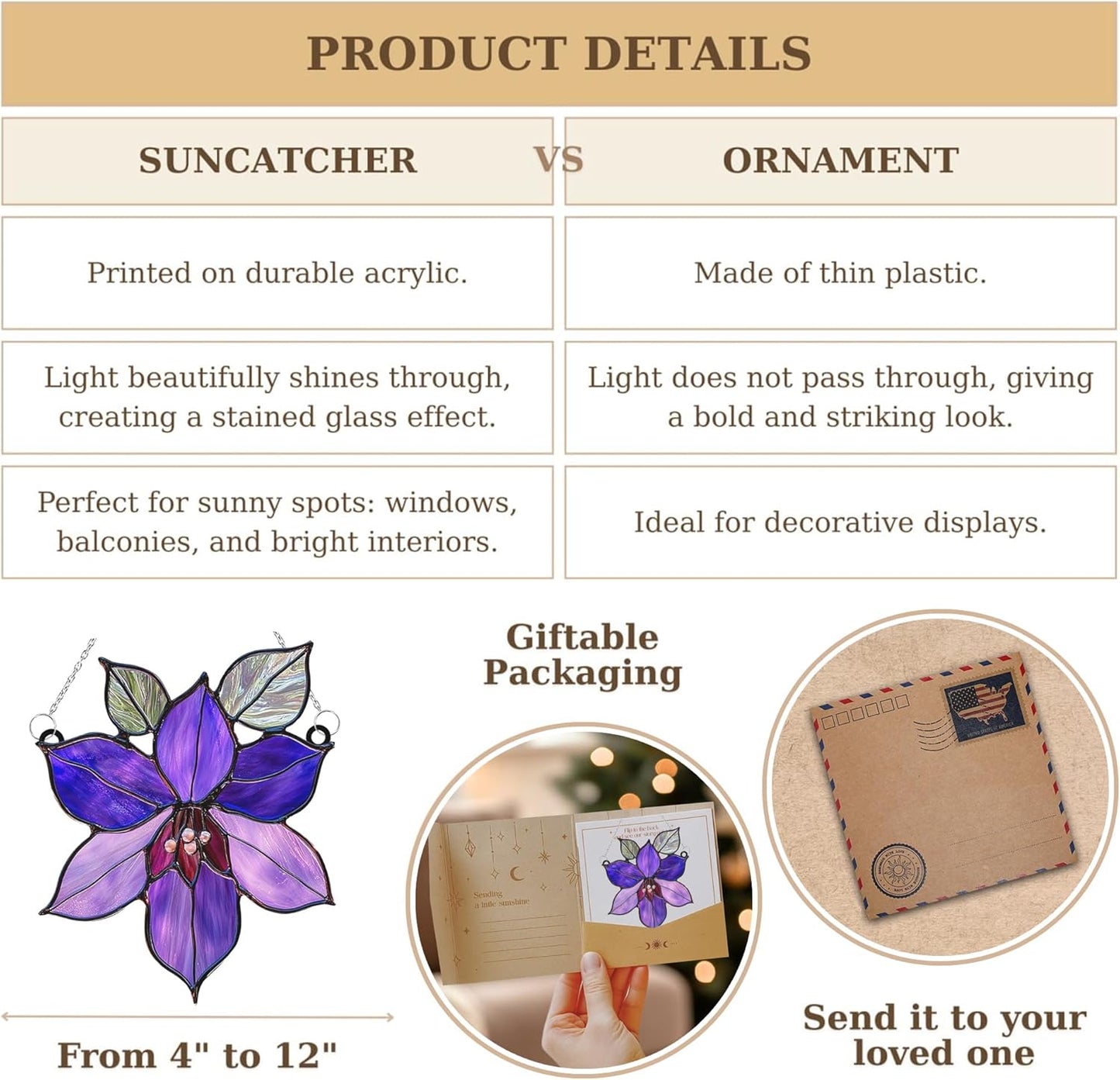 Purple Clematis Acrylic Suncatcher Stained Glass Effect Window Car Hanging Christmas Ornament Indoor Outdoor Decor Garden Sun Catcher Panel Gifts for Flower Lover for Women Mom Grandma