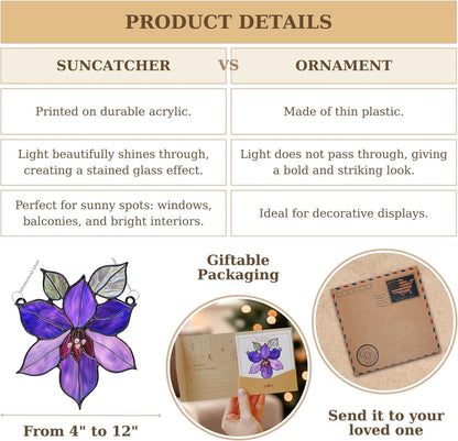 Purple Clematis Acrylic Suncatcher Stained Glass Effect Window Car Hanging Christmas Ornament Indoor Outdoor Decor Garden Sun Catcher Panel Gifts for Flower Lover for Women Mom Grandma