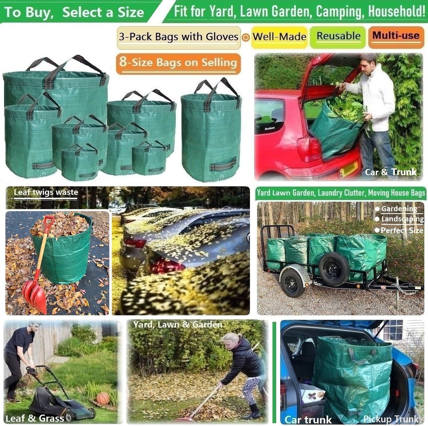 Professional 3-Pack 72 Gallons Yard Lawn Garden Bags (D26, H30 inches) with Coated Garden Gloves,Reusable Leaf Waste Bags,Patio Bags,Laundry Container,Gardening Trimmings Bag with 4 Handles