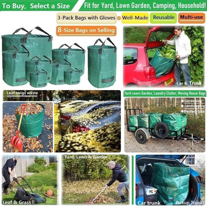 Professional 3-Pack 72 Gallons Yard Lawn Garden Bags (D26, H30 inches) with Coated Garden Gloves,Reusable Leaf Waste Bags,Patio Bags,Laundry Container,Gardening Trimmings Bag with 4 Handles