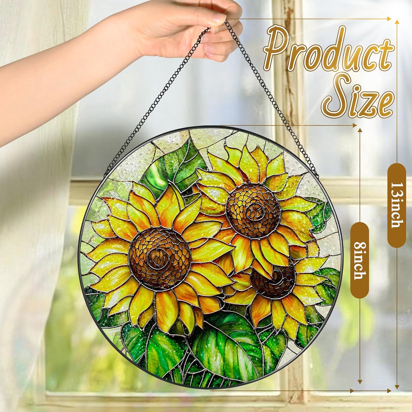 Sunflower Stained Glass Suncatcher, 8 Inch Sun Catchers Indoor Window, Stained Glass Window Hanging, Windows Dedor and Christmas, Mother's Day, Birthday, Gifts for Women Mom, Idea Gift, Gift Exchange