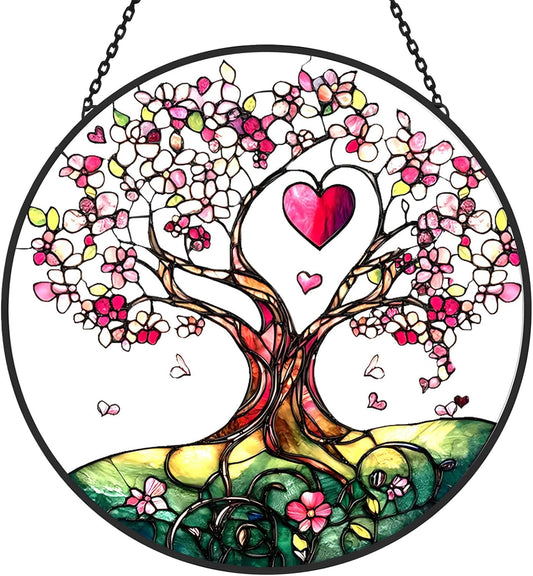 Stained Glass Sun Catcher Window Hanging - Luyseyha 8 Inch Tree of Life Design, Handmade Decor for Home, Garden, Office, Birthday