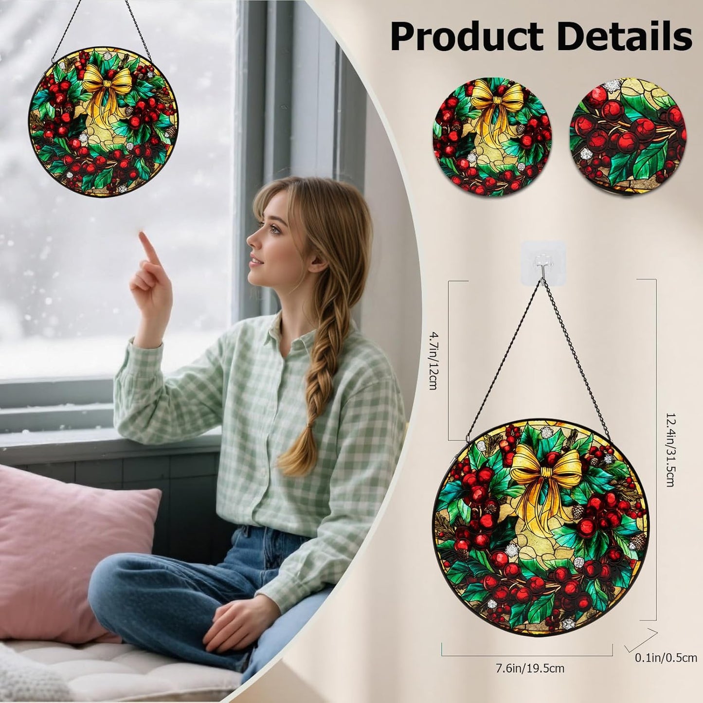 Stained Glass Window Hanging, Christmas Festive Holly and Red Berries Suncatcher for Doors Home Sun Catchers Decoration and Christmas, Mother's Day Birthday Gifts for Women, Men, and Mom (8 Inch)