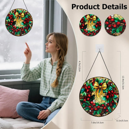 Stained Glass Window Hanging, Christmas Festive Holly and Red Berries Suncatcher for Doors Home Sun Catchers Decoration and Christmas, Mother's Day Birthday Gifts for Women, Men, and Mom (8 Inch)