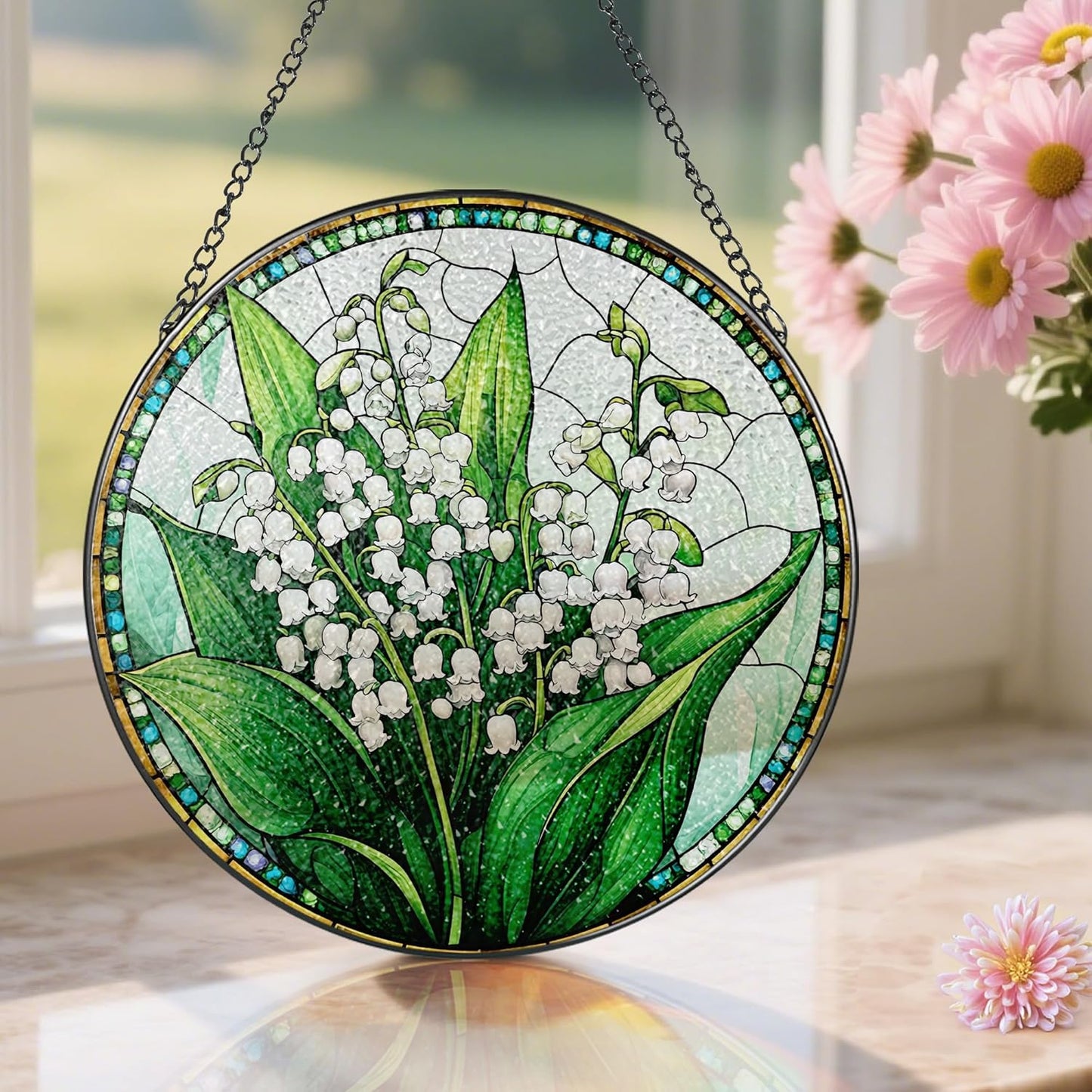 8-Inch Stained Glass Ornament, Stained Glass Window Hanging, Lily of Valley Flower Ornament, Window Hanging Decor Suncatcher | Mother's Day, Christmas, Birthday, Gifts for Mom & Flower Lovers