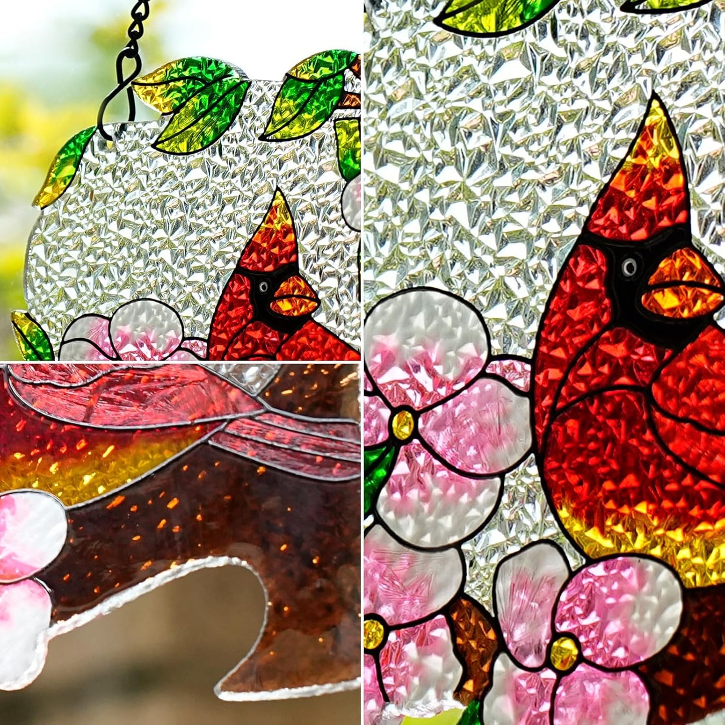 Red Bird Stained Glass Hanging Ornament – 5x6 Inch Hand-Painted Floral Sun Catcher – Window/Garden/Home Decor – Unique Gift for Friends, Family, Holidays