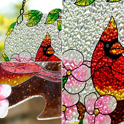 Red Bird Stained Glass Hanging Ornament – 5x6 Inch Hand-Painted Floral Sun Catcher – Window/Garden/Home Decor – Unique Gift for Friends, Family, Holidays