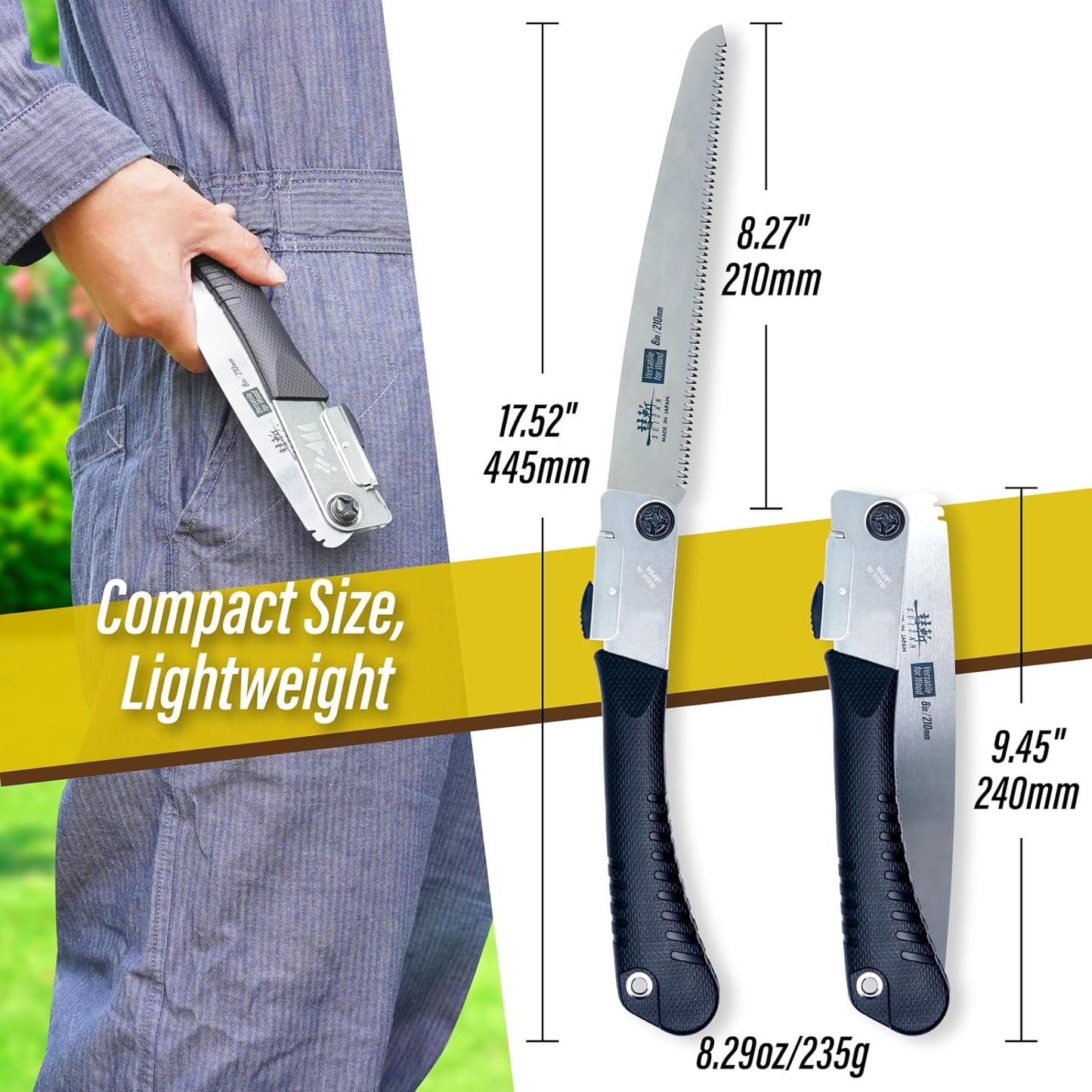 SUIZAN Japanese Folding Saw 8.3" Versatile for Wood - Compact Handsaw Pruningsaw Garden Woodworking DIY Tools