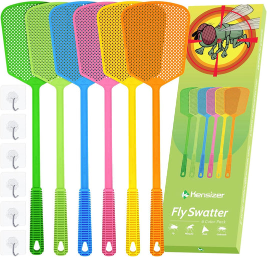 Kensizer 6-Pack Plastic Fly Swatters Heavy Duty, Multi Pack Matamoscas, Jumbo Long Handle Fly Swat