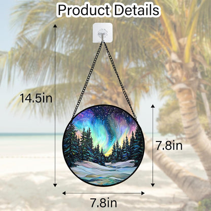 Stained Glass Window Hanging, Aurora Landscape Sun Catchers Glass Panel Green Trees Suncatcher Decor for Birthday for Women, Men, Wife, Aunt, and Mom 7.8 in