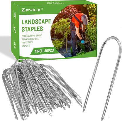 4 Inch 40 Pack 11 Gauge U - Shape Garden Stakes Set: Drip, Line & Irrigation Tubing Stakes, Galvanized Landscape Staples for Tube, Lawns, Weed Barriers, Landscape Fabrics, Irrigation Hose, Floor Mats