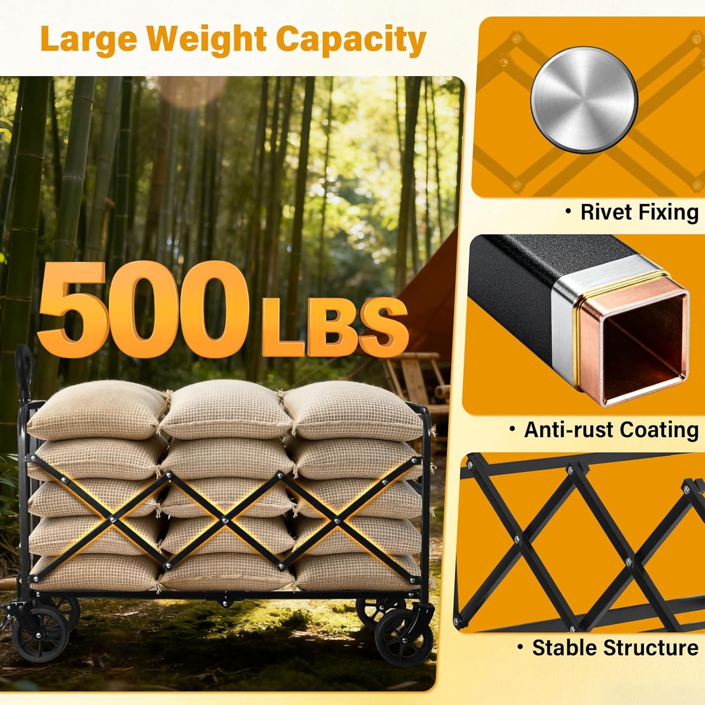 Wagons Carts Foldable,500 LBS Large Capacity Foldable Wagon Cart Collapsible Wagon with Wheels & Drink Holders,Utility Folding Cart for Camping Garden Beach Picinic Grocery Outdoor Shopping(Black)
