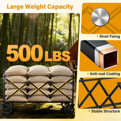 Wagons Carts Foldable,500 LBS Large Capacity Foldable Wagon Cart Collapsible Wagon with Wheels & Drink Holders,Utility Folding Cart for Camping Garden Beach Picinic Grocery Outdoor Shopping(Black)