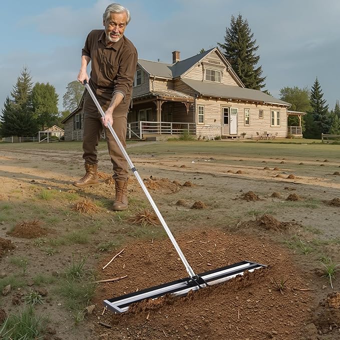 VEVOR Updated Lawn Leveling Rake with Roller, 48'' x 10" Stainless Steel Lawn Leveler with 83.9'' Adjustable Handle, Heavy Duty Yard Leveling Rake, Effort Saving Lawn Leveling Tool for Yard Golf Court